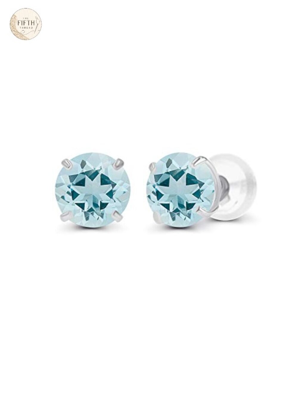 14K Solid Gold 4mm Round Aquamarine Stud Earrings Women Prong Set